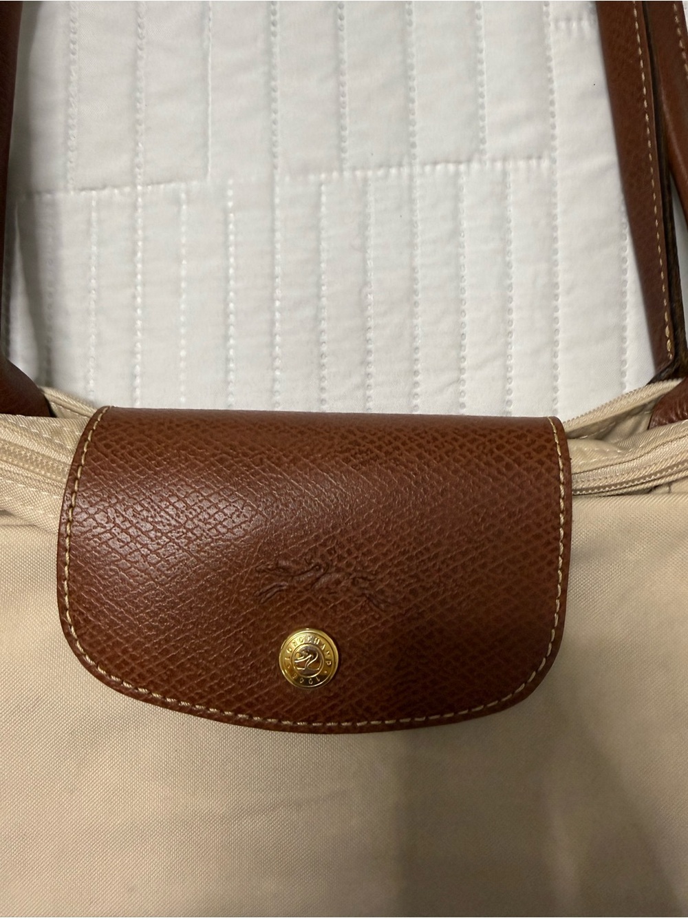 Longchamp Beige Nylon Travel Tote with Brown Leather Trim - Picture 4 of 7